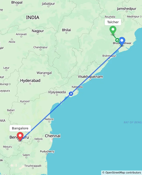 Route map showing distance and travel time from Talcher, India to Bangalore, India