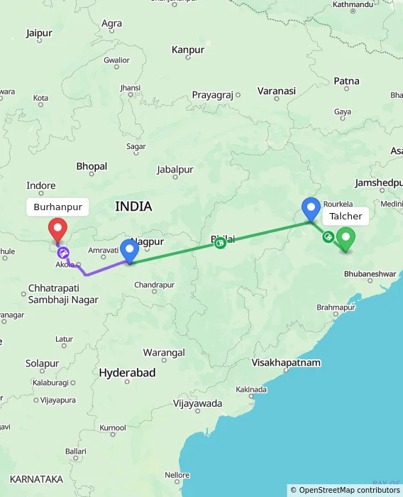 Route map showing distance and travel time from Talcher, India to Burhanpur, India