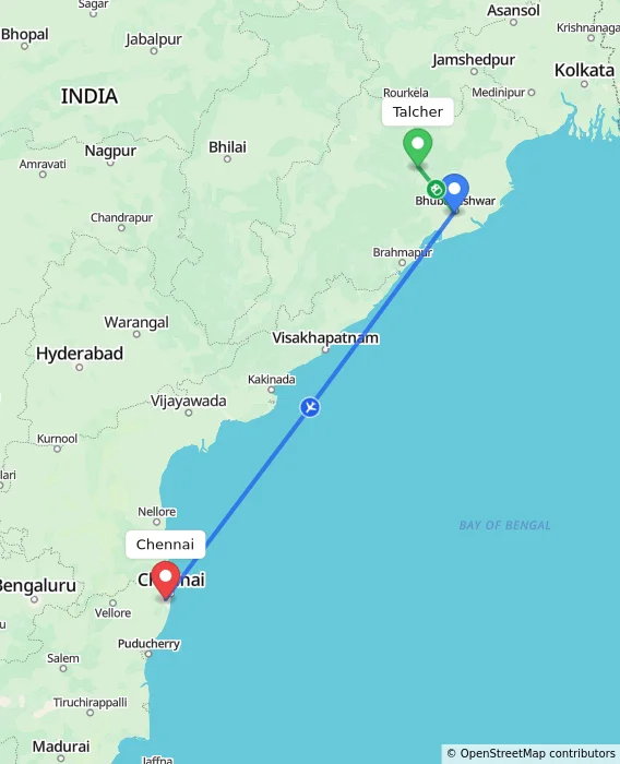 Route map showing distance and travel time from Talcher, India to Chennai, India