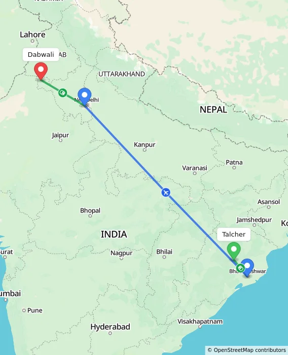 Route map showing distance and travel time from Talcher, India to Dabwali, India