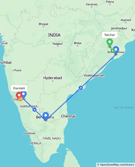 Route map showing distance and travel time from Talcher, India to Dandeli, India