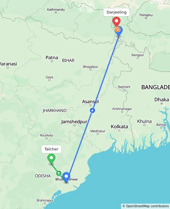 Route map showing distance and travel time from Talcher, India to Darjeeling, India