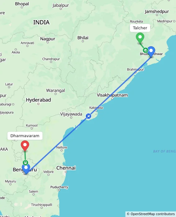 Route map showing distance and travel time from Talcher, India to Dharmavaram, India