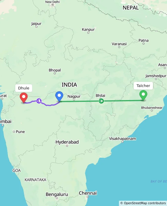 Route map showing distance and travel time from Talcher, India to Dhule, India