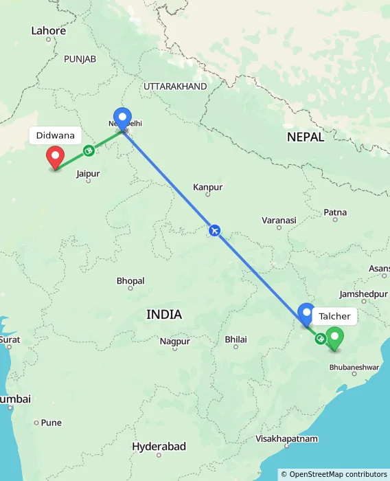 Route map showing distance and travel time from Talcher, India to Didwana, India