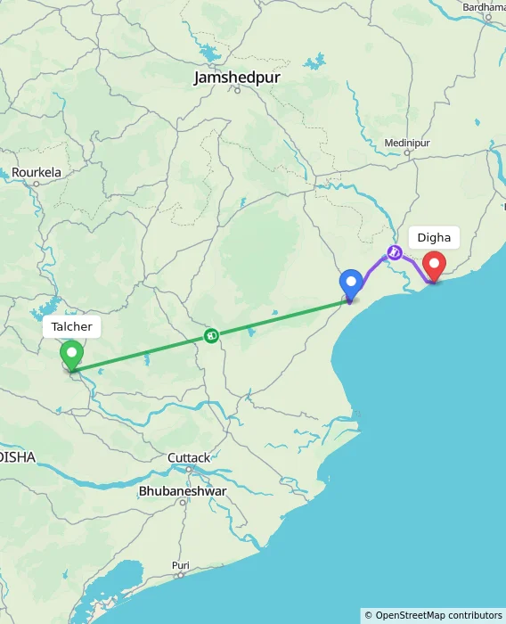 Route map showing distance and travel time from Talcher, India to Digha, India