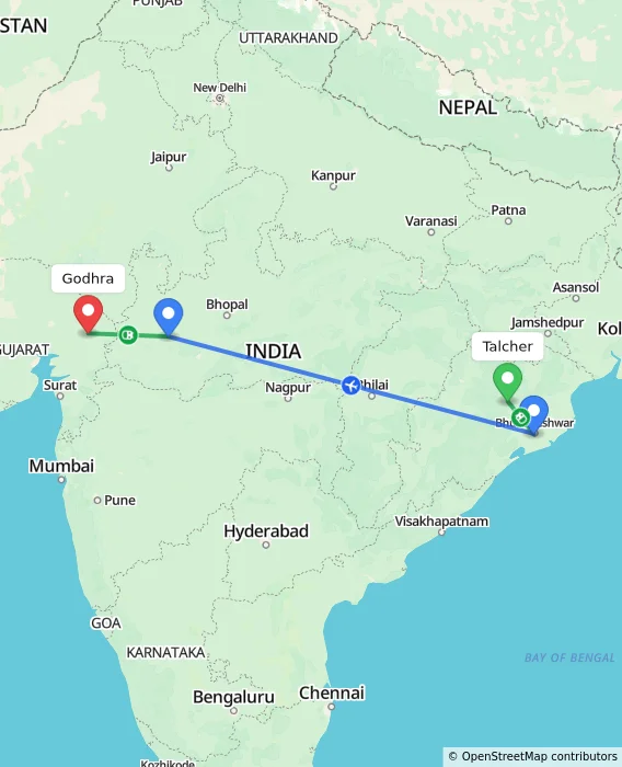 Route map showing distance and travel time from Talcher, India to Godhra, India