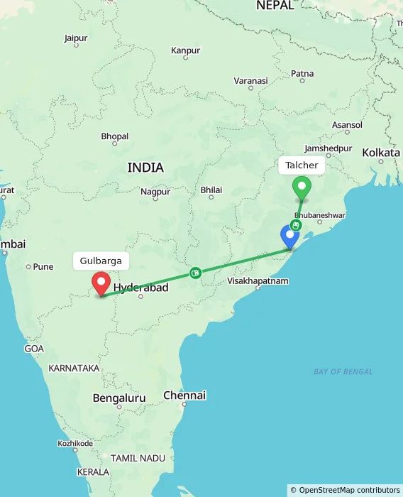 Route map showing distance and travel time from Talcher, India to Gulbarga, India