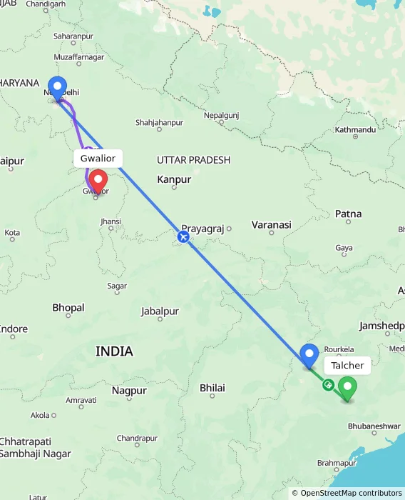 Route map showing distance and travel time from Talcher, India to Gwalior, India