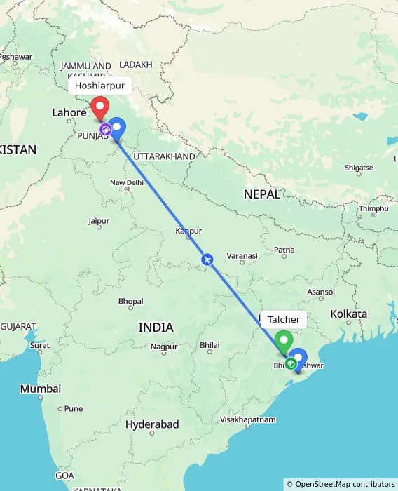 Route map showing distance and travel time from Talcher, India to Hoshiarpur, India