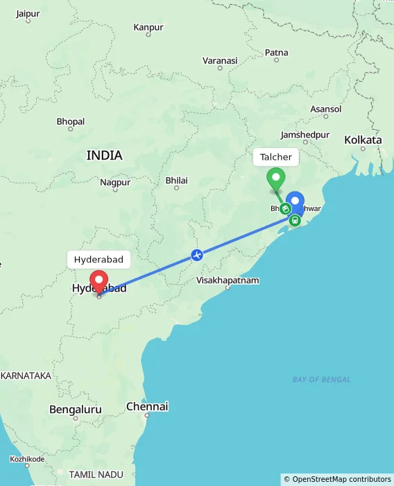 Route map showing distance and travel time from Talcher, India to Hyderabad, India