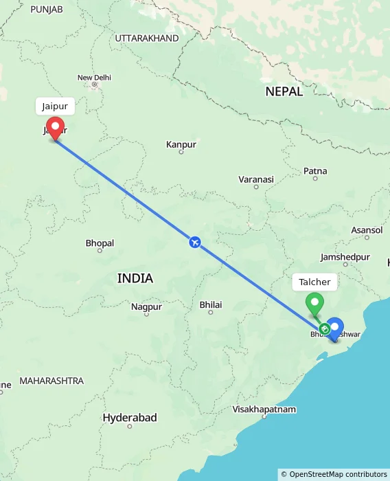 Route map showing distance and travel time from Talcher, India to Jaipur, India