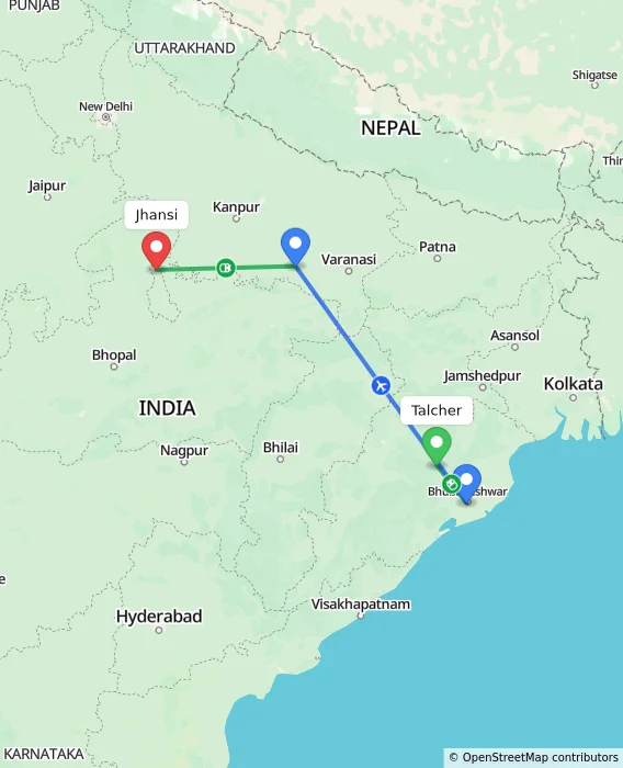 Route map showing distance and travel time from Talcher, India to Jhansi, India