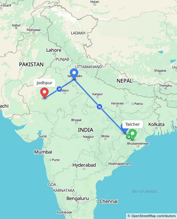 Route map showing distance and travel time from Talcher, India to Jodhpur, India