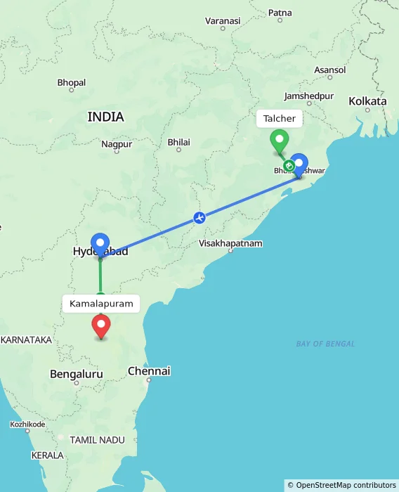 Route map showing distance and travel time from Talcher, India to Kamalapuram, India