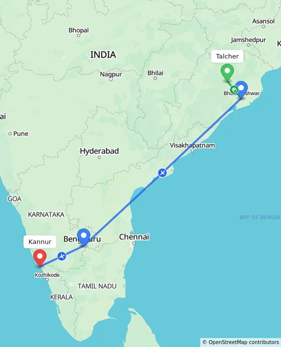 Route map showing distance and travel time from Talcher, India to Kannur, India