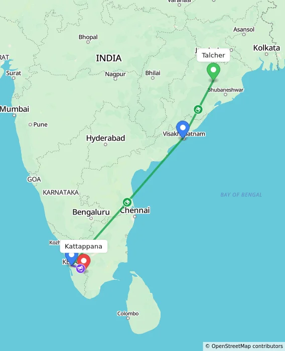 Route map showing distance and travel time from Talcher, India to Kattappana, India