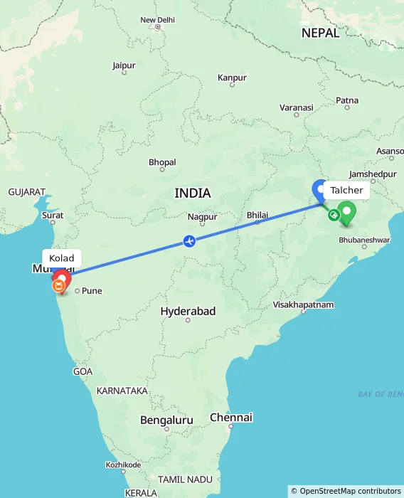 Route map showing distance and travel time from Talcher, India to Kolad, India