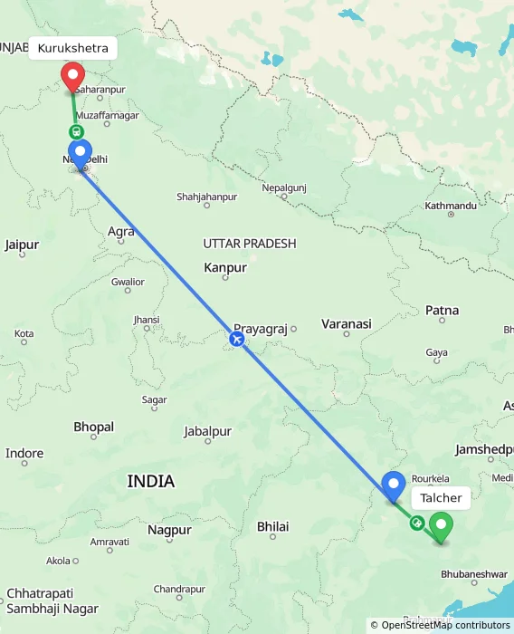 Route map showing distance and travel time from Talcher, India to Kurukshetra, India