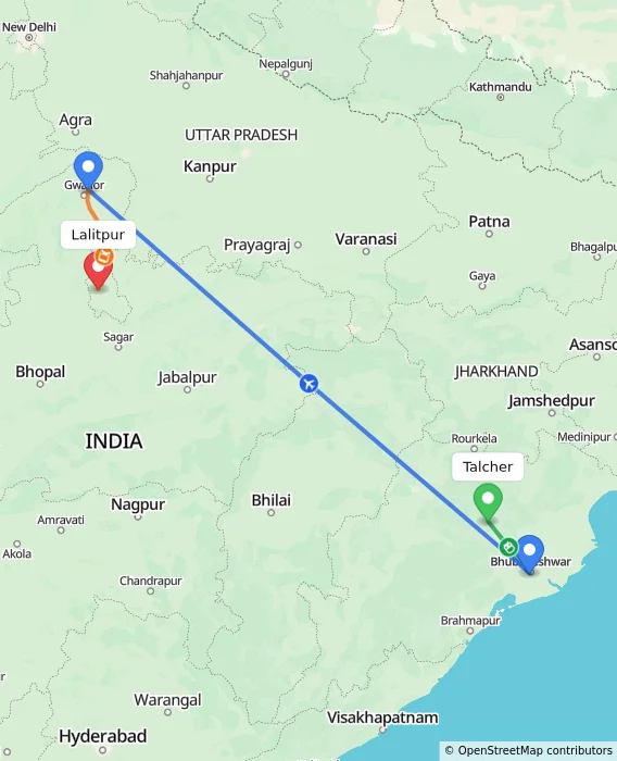 Route map showing distance and travel time from Talcher, India to Lalitpur, India