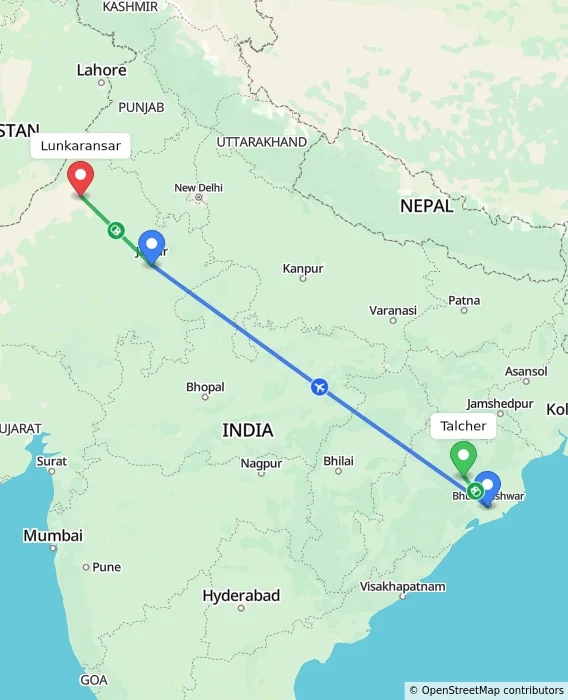 Route map showing distance and travel time from Talcher, India to Lunkaransar, India