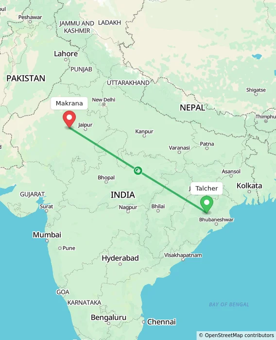 Route map showing distance and travel time from Talcher, India to Makrana, India