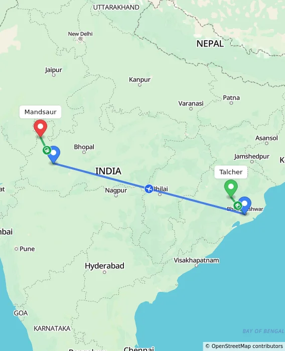 Route map showing distance and travel time from Talcher, India to Mandsaur, India