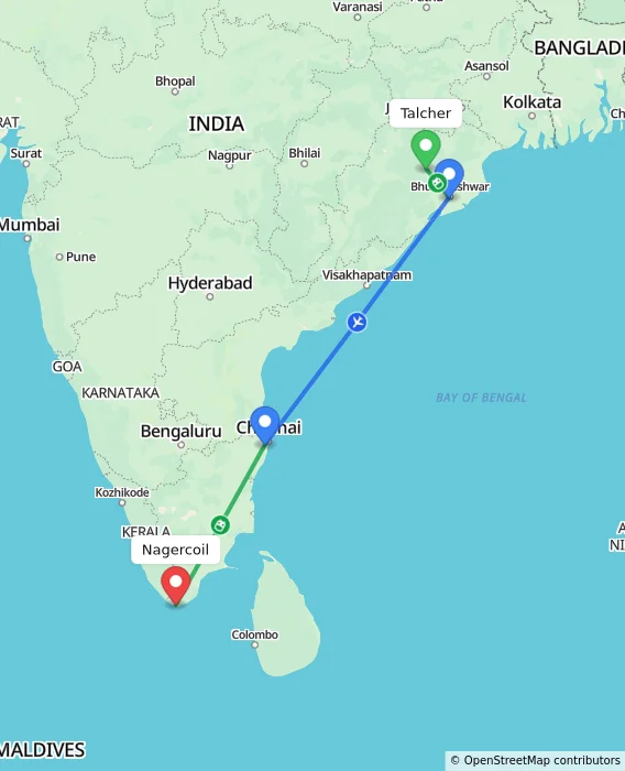 Route map showing distance and travel time from Talcher, India to Nagercoil, India
