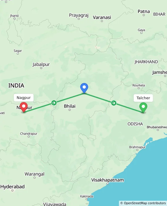 Route map showing distance and travel time from Talcher, India to Nagpur, India