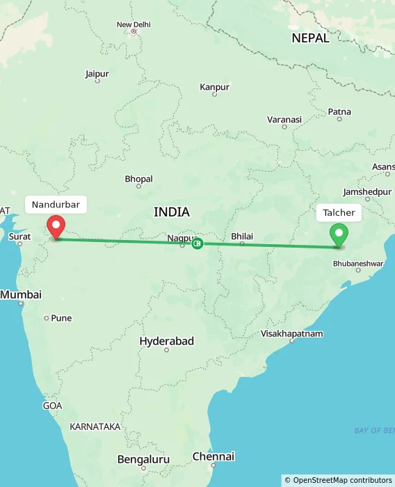 Route map showing distance and travel time from Talcher, India to Nandurbar, India