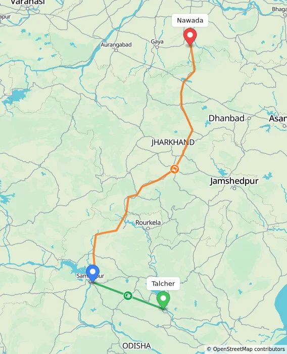 Route map showing distance and travel time from Talcher, India to Nawada, India