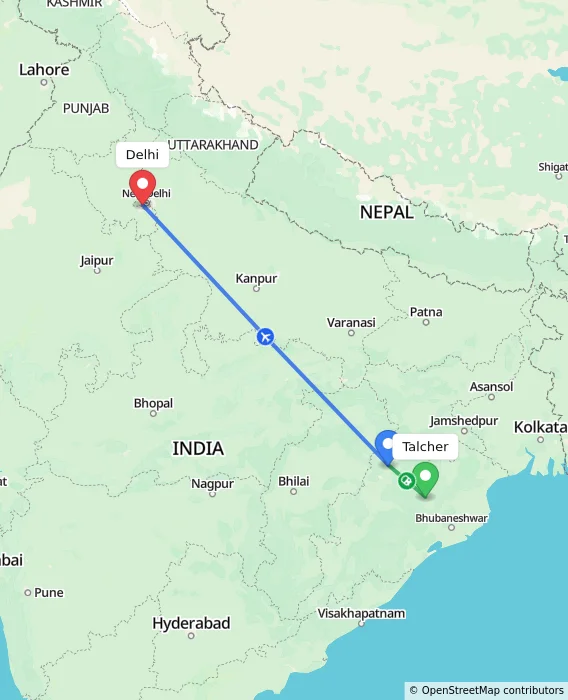 Route map showing distance and travel time from Talcher, India to Delhi, India