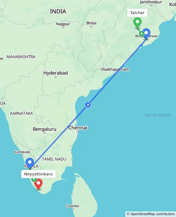 Route map showing distance and travel time from Talcher, India to Neyyattinkara, India
