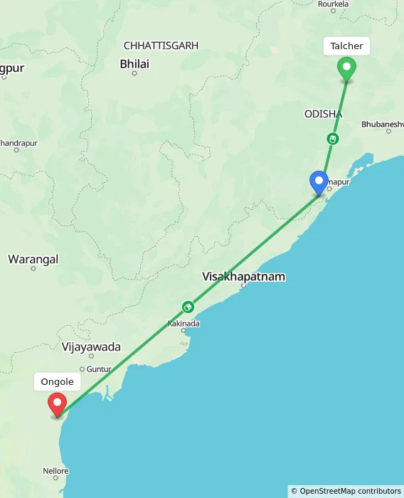 Route map showing distance and travel time from Talcher, India to Ongole, India
