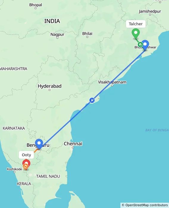 Route map showing distance and travel time from Talcher, India to Ooty, India