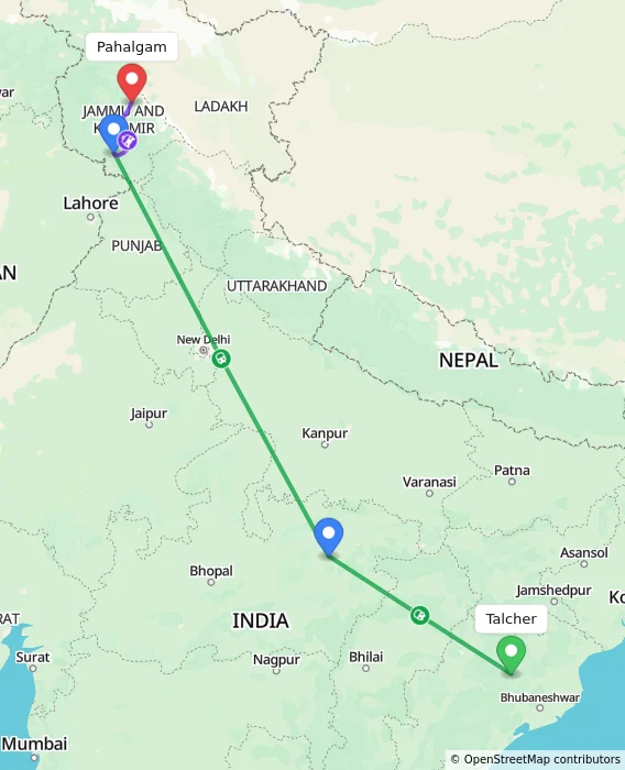 Route map showing distance and travel time from Talcher, India to Pahalgam, India