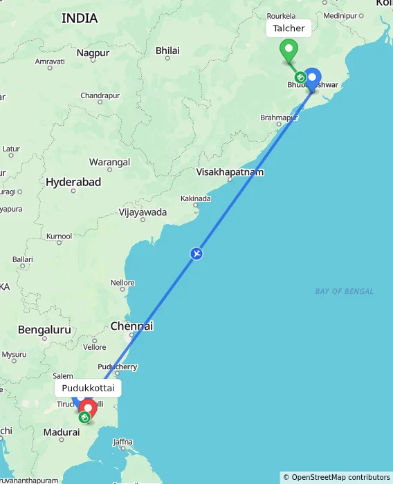 Route map showing distance and travel time from Talcher, India to Pudukkottai, India