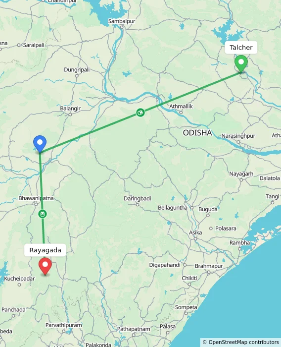 Route map showing distance and travel time from Talcher, India to Rayagada, India