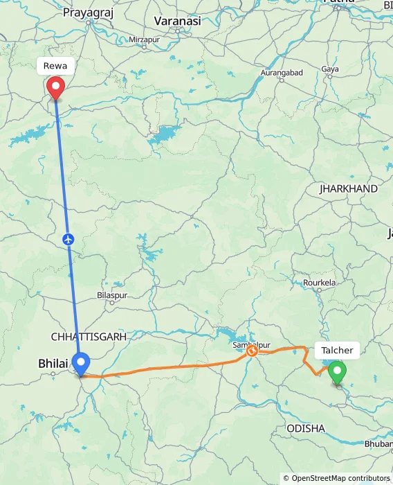 Route map showing distance and travel time from Talcher, India to Rewa, India