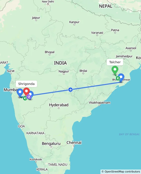 Route map showing distance and travel time from Talcher, India to Shrigonda, India