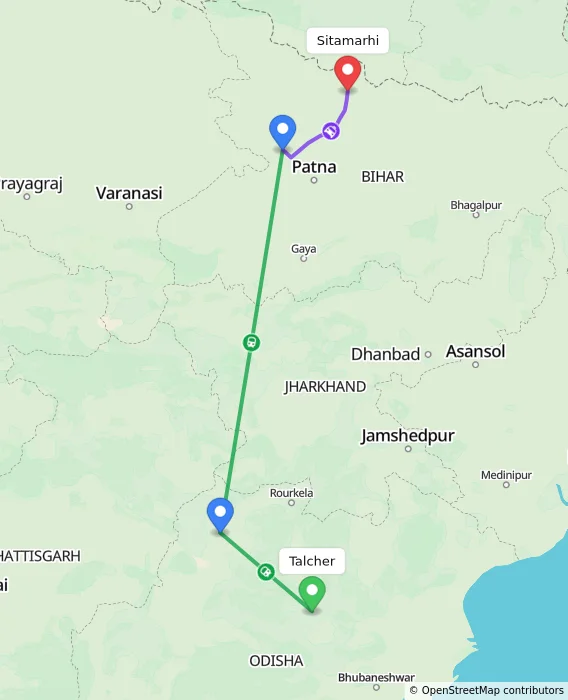 Route map showing distance and travel time from Talcher, India to Sitamarhi, India