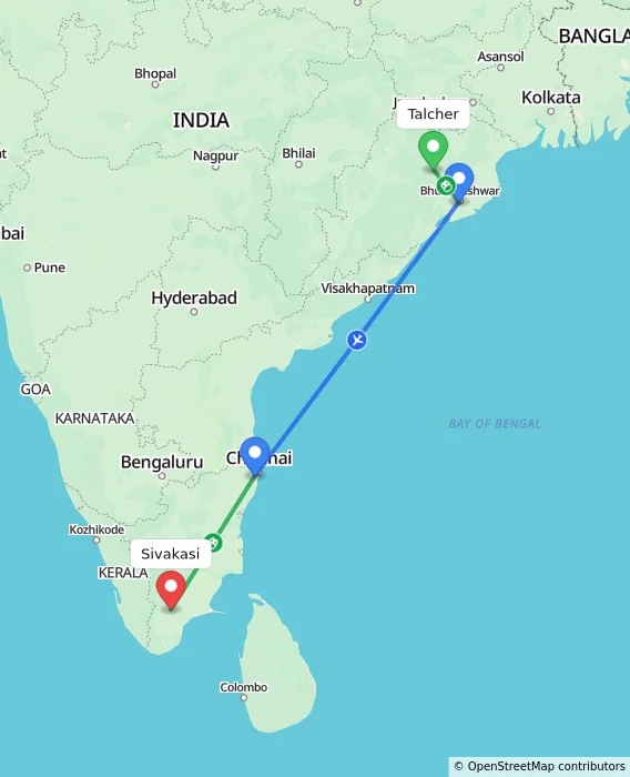 Route map showing distance and travel time from Talcher, India to Sivakasi, India