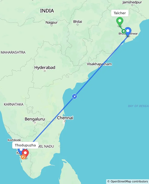 Route map showing distance and travel time from Talcher, India to Thodupuzha, India