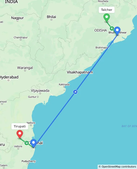 Route map showing distance and travel time from Talcher, India to Tirupati, India