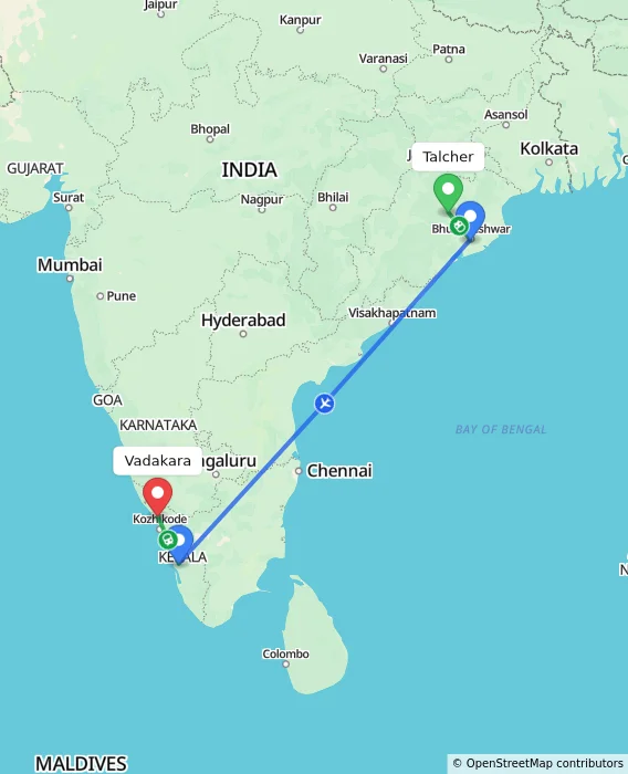 Route map showing distance and travel time from Talcher, India to Vadakara, India
