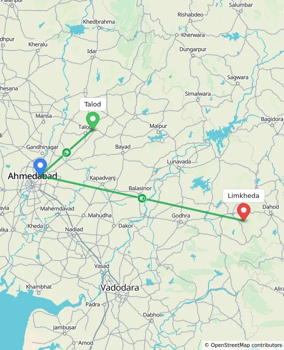 Route map showing distance and travel time from Talod, India to Limkheda, India