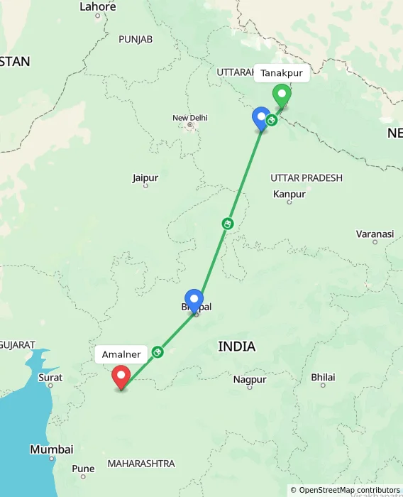 Route map showing distance and travel time from Tanakpur, India to Amalner, India