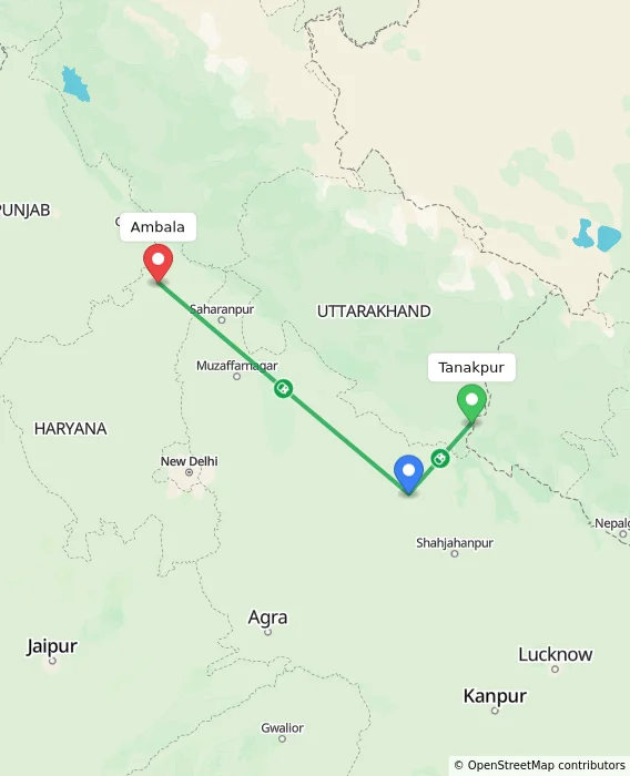 Route map showing distance and travel time from Tanakpur, India to Ambala, India