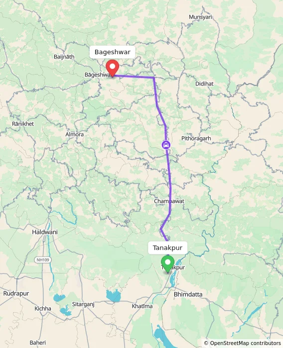 Route map showing distance and travel time from Tanakpur, India to Bageshwar, India