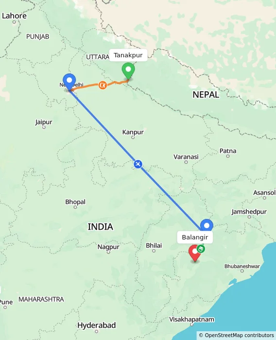 Route map showing distance and travel time from Tanakpur, India to Balangir, India